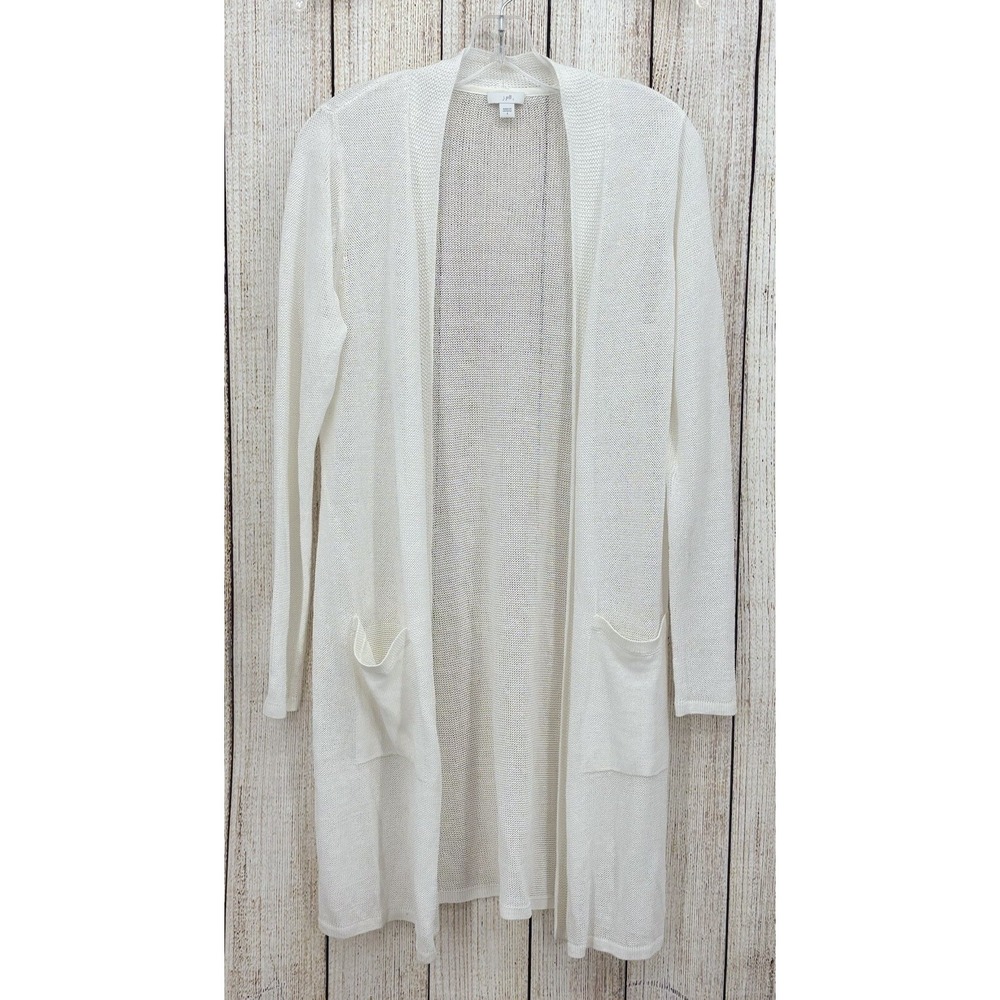 J. Jill Linen Blend Open Cardigan Sz Small White Long Duster Lightweight Pockets